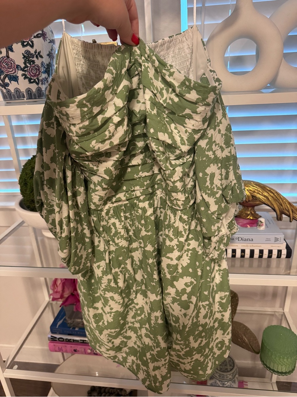 Abercrombie & Fitch Green and White One-Shoulder Ruched Dress